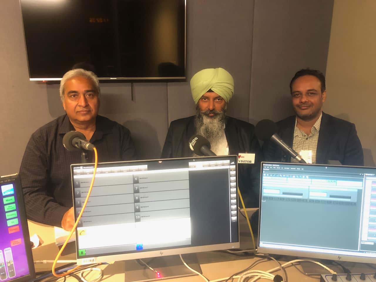 Mr Dalvinder Garcha, Mr Satnam Pabla and Mr Rupinder Brar at SBS Punjabi studios, Melbourne