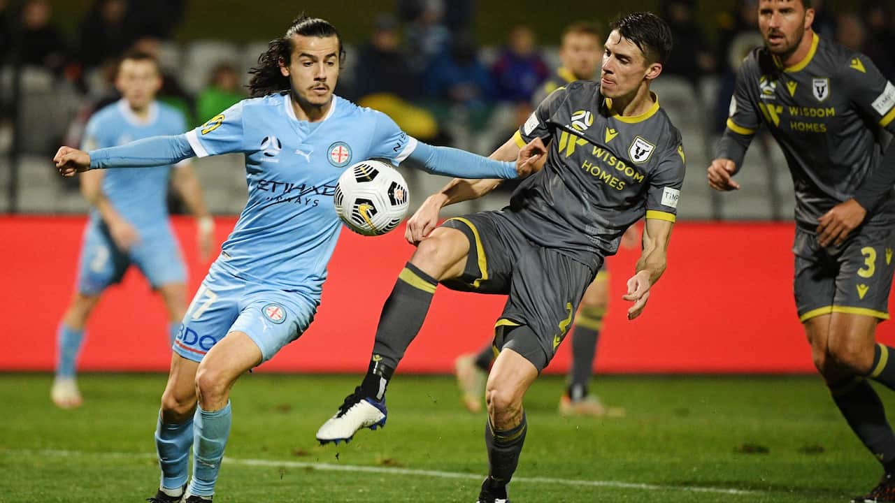 Stefan Colakovski of Melbourne City and Jake McGing of Macarthur during the A-League Semi Final match