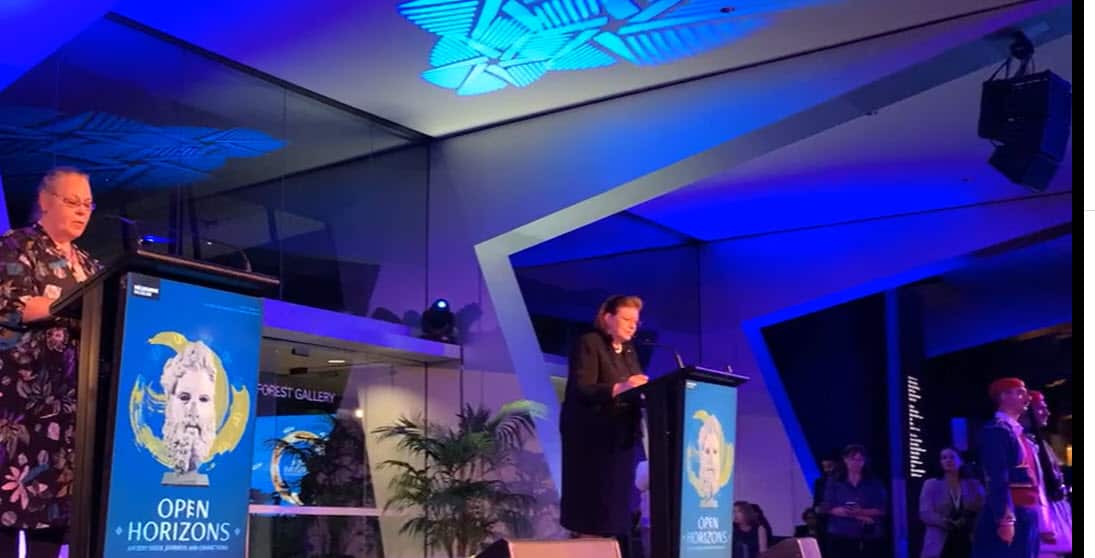 Greek Minister of Culture and Sports Lina Mendoni (right) at the official openin of «Open Horizons – Ancient Greek Journeys and Connections».