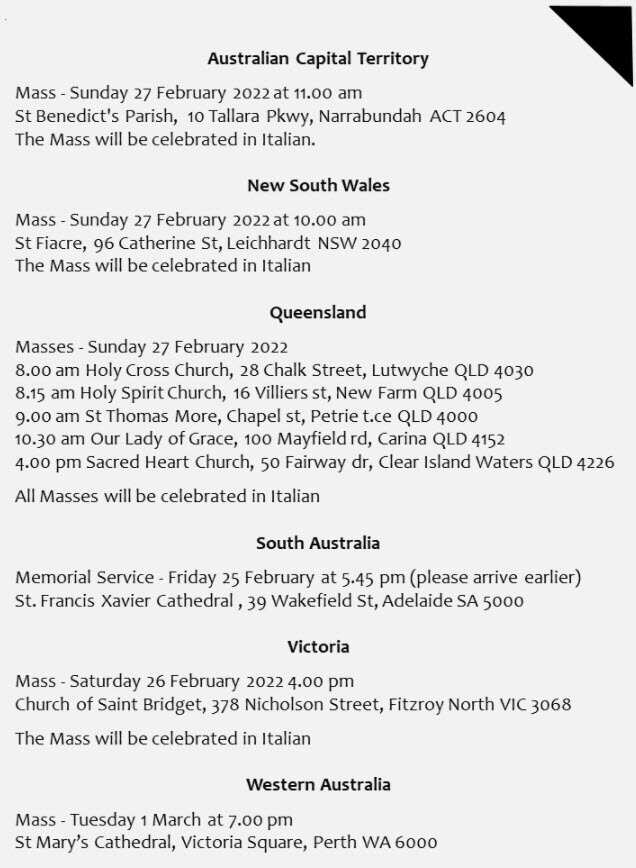 La lista completa delle messe in programma