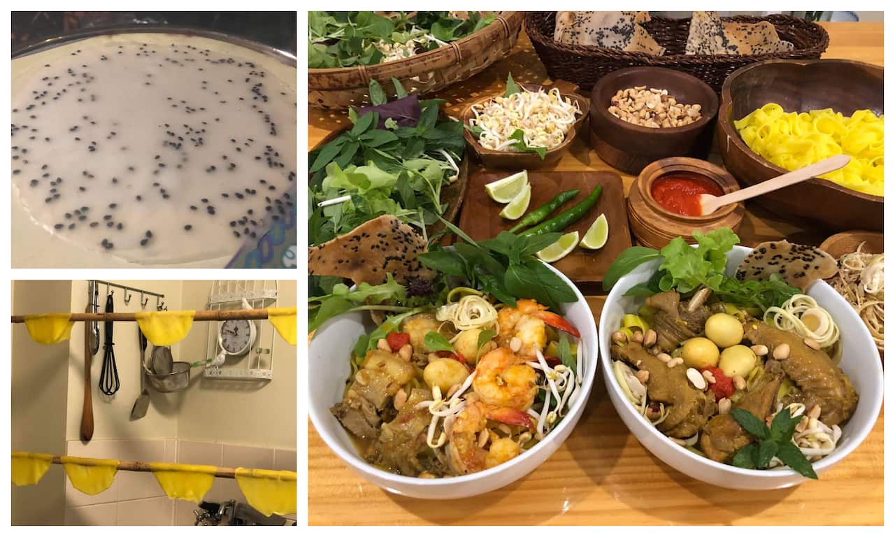 Nấu món mì Quảng từ A tới Z, chuẩn bị từ khâu nhiên liệu tới khi hoàn hành một món ăn hoàn chỉnh.