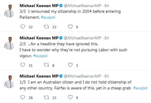 Justice Minister Michael Keenan denies UK citizenship report