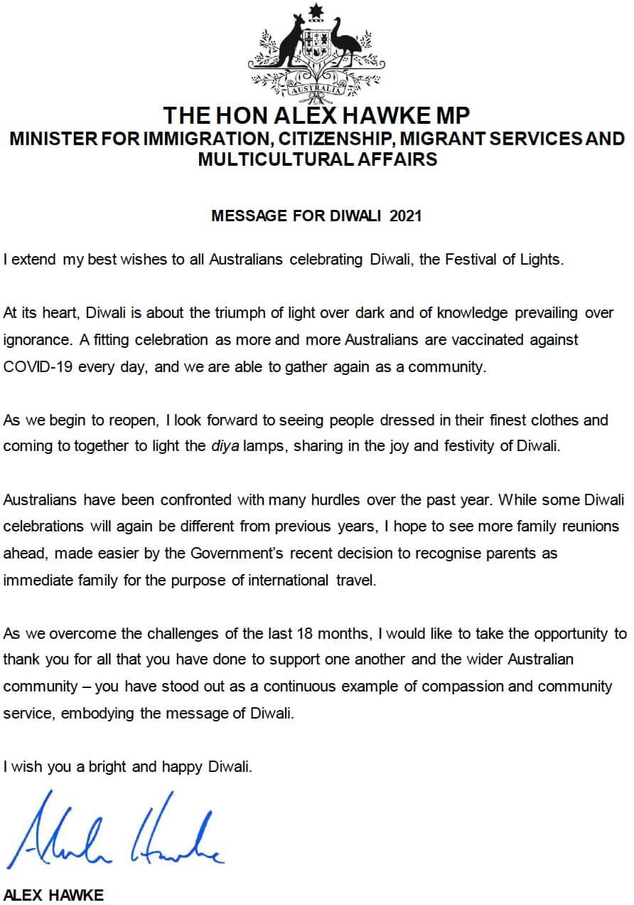 MINISTER FOR IMMIGRATION ALEX HAWKE MESSAGE FOR DIWALI 2021