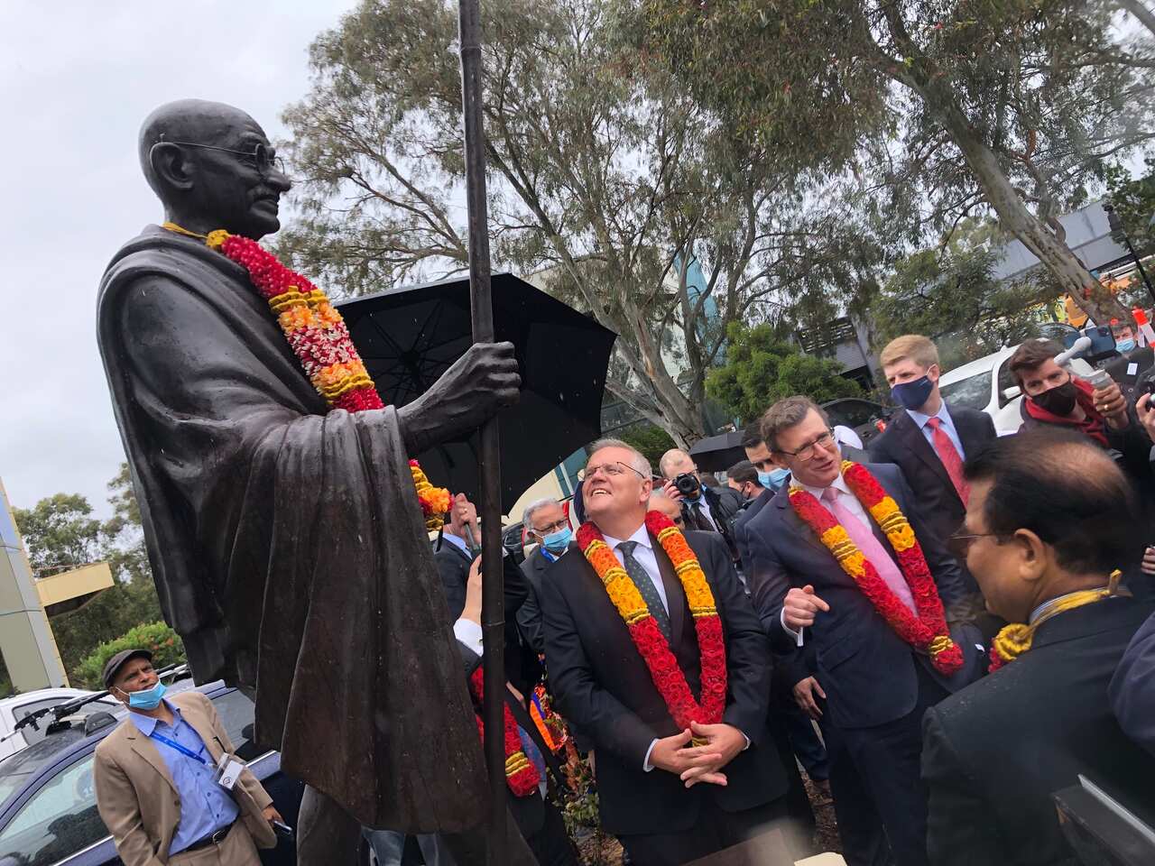 Australian PM Scott Morrison with education minister Alan Tudge at the Indian event.