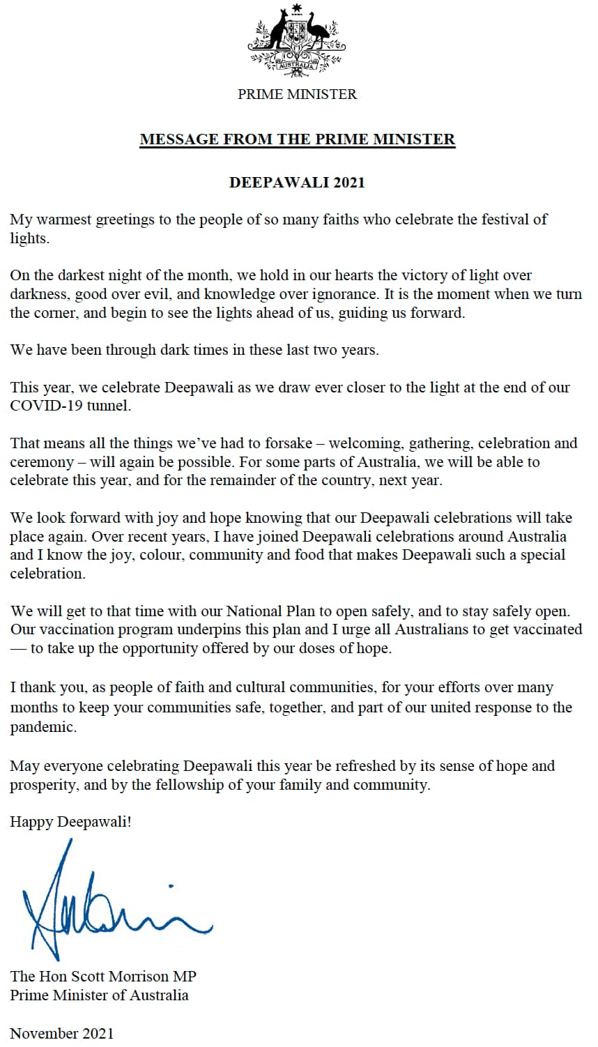 MESSAGE FROM THE PRIME MINISTER FOR DEPAWALI