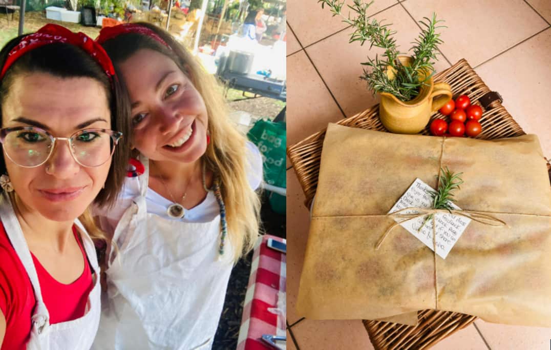 A sinistra Maria e Virginia. A destra la focaccia impacchettata e pronta per essere consegnata