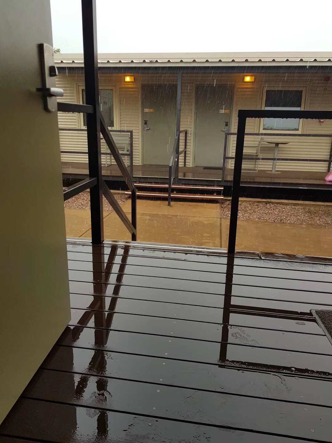 Quarantine facility, raining.