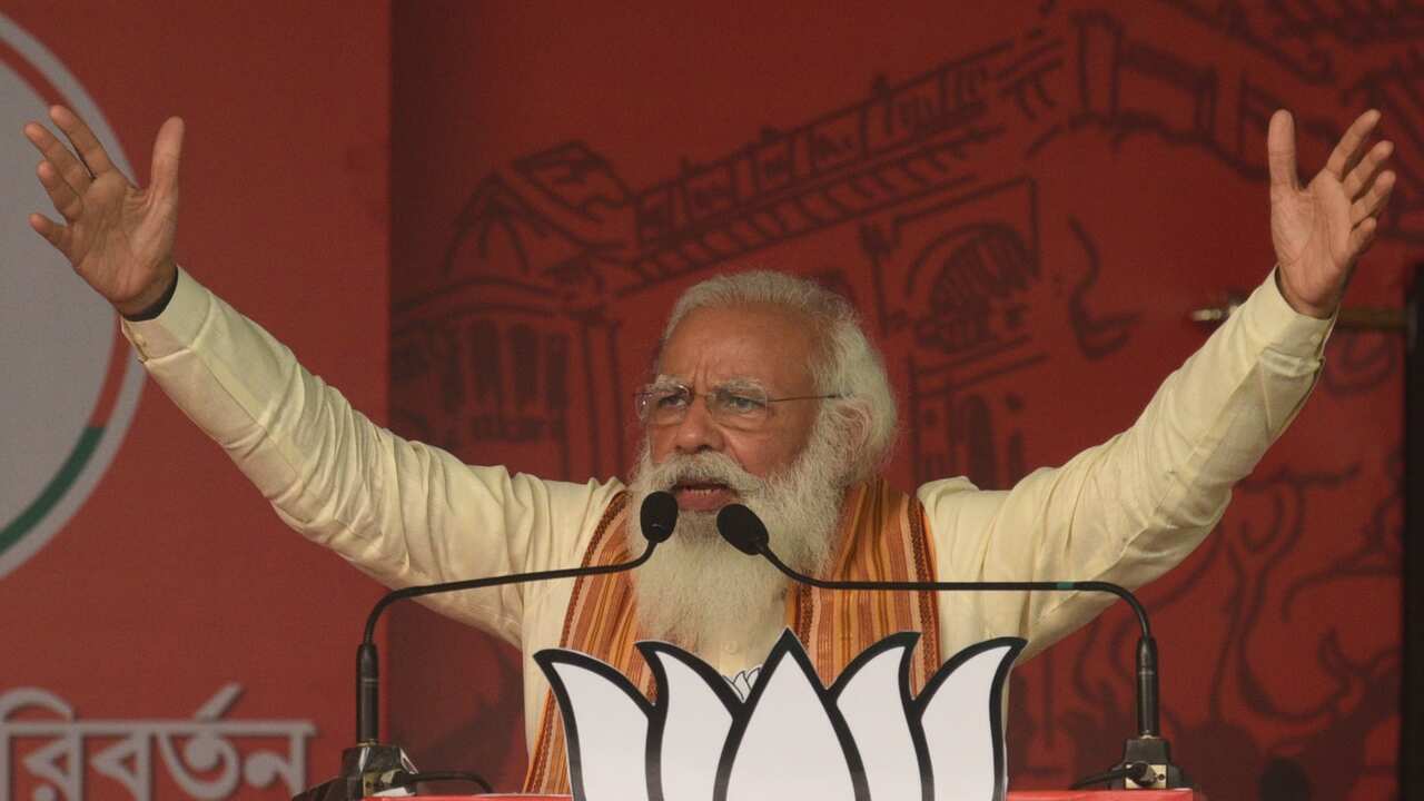 Prime Minister Narendra Modi addresses a public rally for West Bengal Assembly Election at Barasat on April 12, 2021 in North 24 Parganas, India.