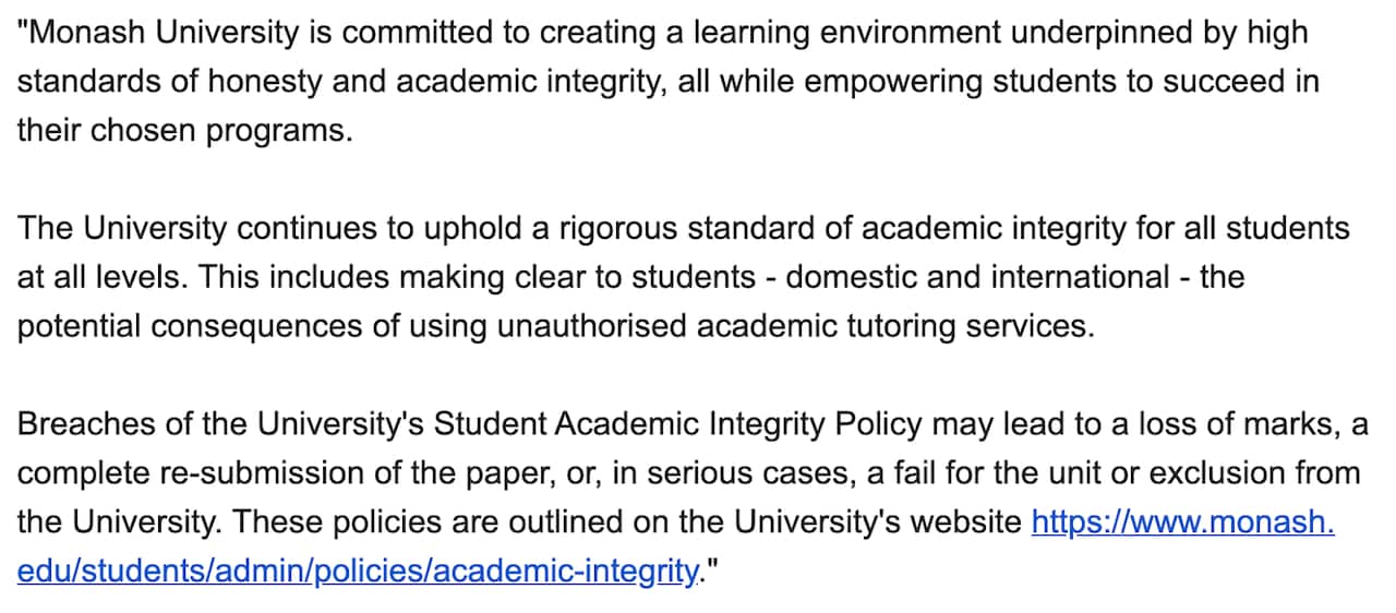 Statement from Monash University to SBS Mandarin