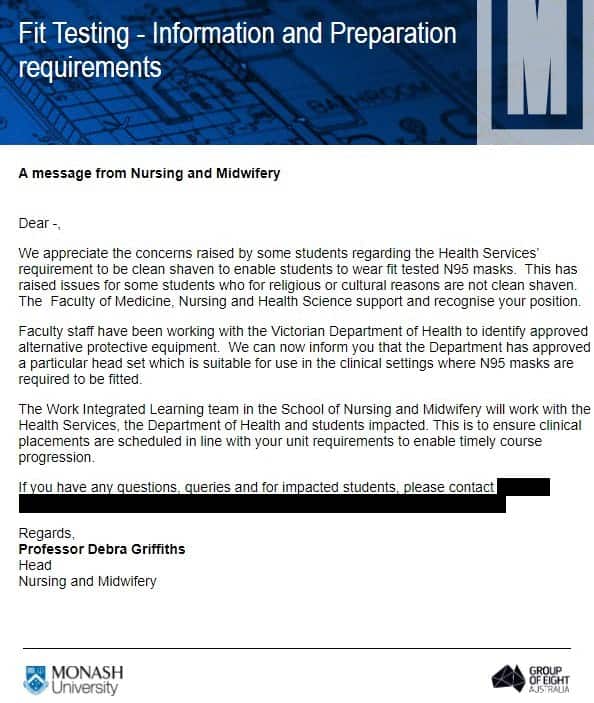 Screenshot of an email sent by the Department of Nursing and Midwifery, Monash University. 