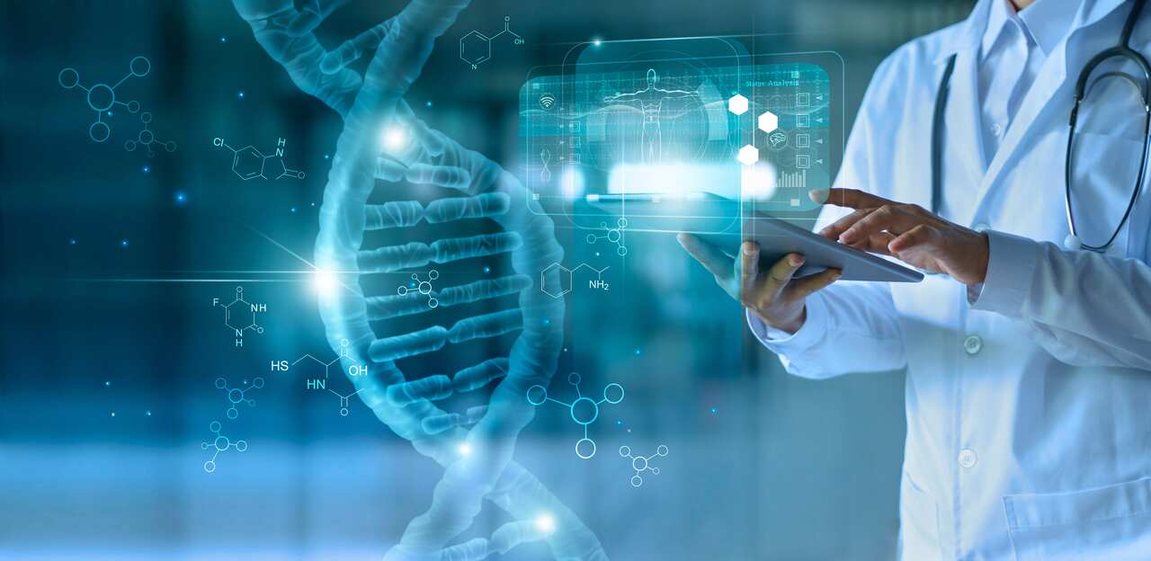 Medicine doctor touching electronic medical record on tablet. DNA. Digital healthcare and network connection on hologram medical technology and network concept.