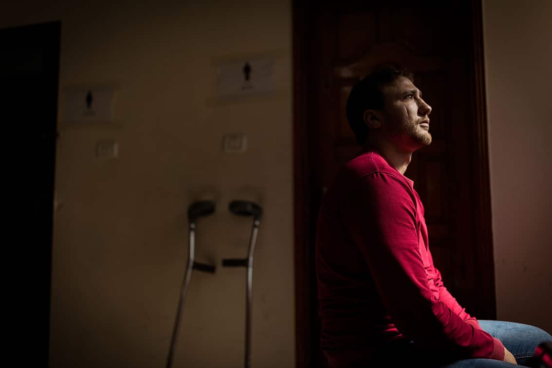 GAZA. 3rd March 2020. Mohammed Abu Jarad was shot through the leg in December 2017 while protesting the U.S. announcement to move its embassy to Jerusalem.