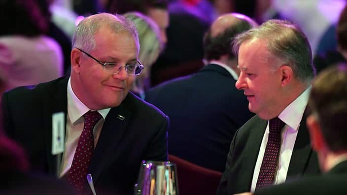 Prime Minister Scott Morrison and Leader of the Opposition Anthony Albanese at the prayer breakfast at Parliament.