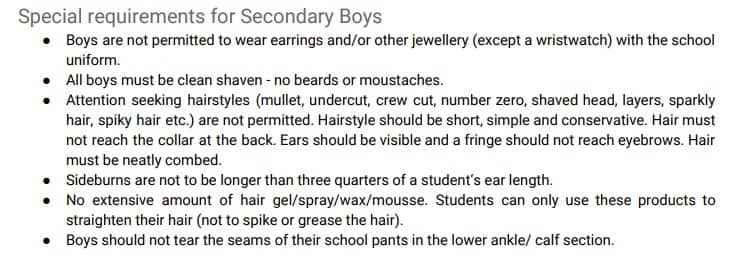 The presentation standards for boys in the school's student handbook.