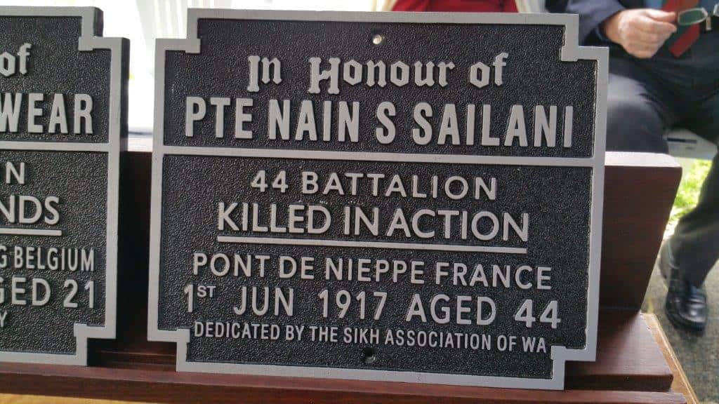 A plaque commemorating Private Nain Singh Sailani, an Indian Anzac killed in action on June 1, 1917 in Belgium