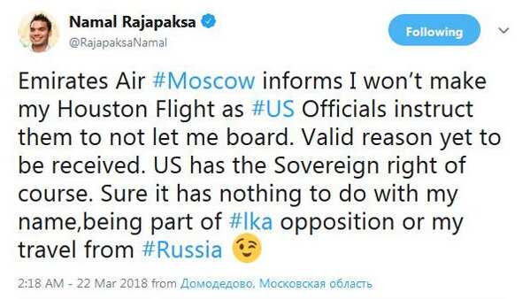 Namal Rajapaksa denied entry to US from Moscow