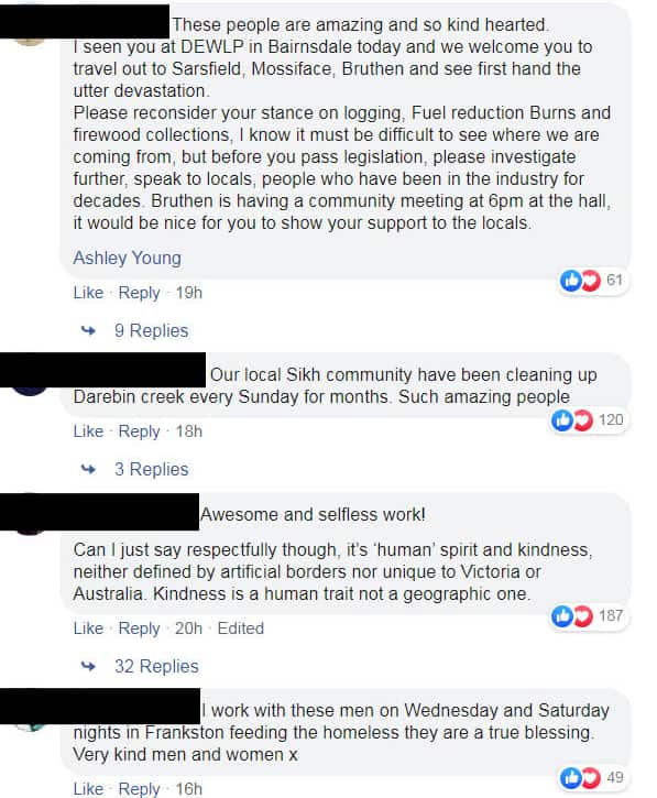 A screenshot of messages shared in response to Premier Daniel Andrews’s social media post that acknowledges Sikh Volunteers’ relief work.  