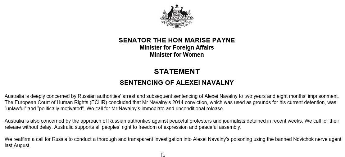Marise Payne's statement on sentencing of Alexei Navalny