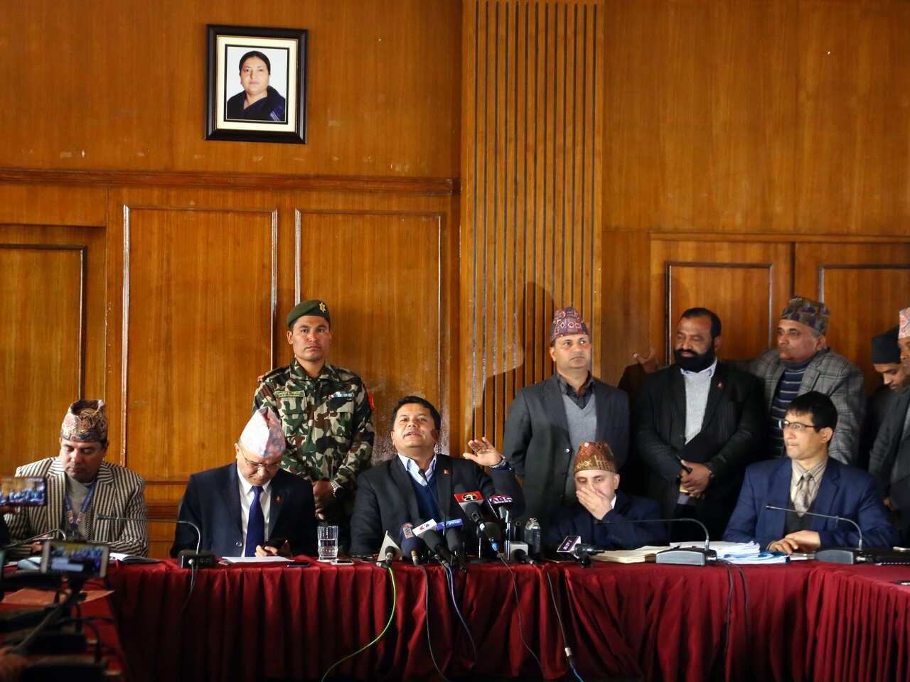 Minister for civil aviation Ravindra Adhikari during a press conference in Kathmandu about the purchase of a plane for Nepal airlines.