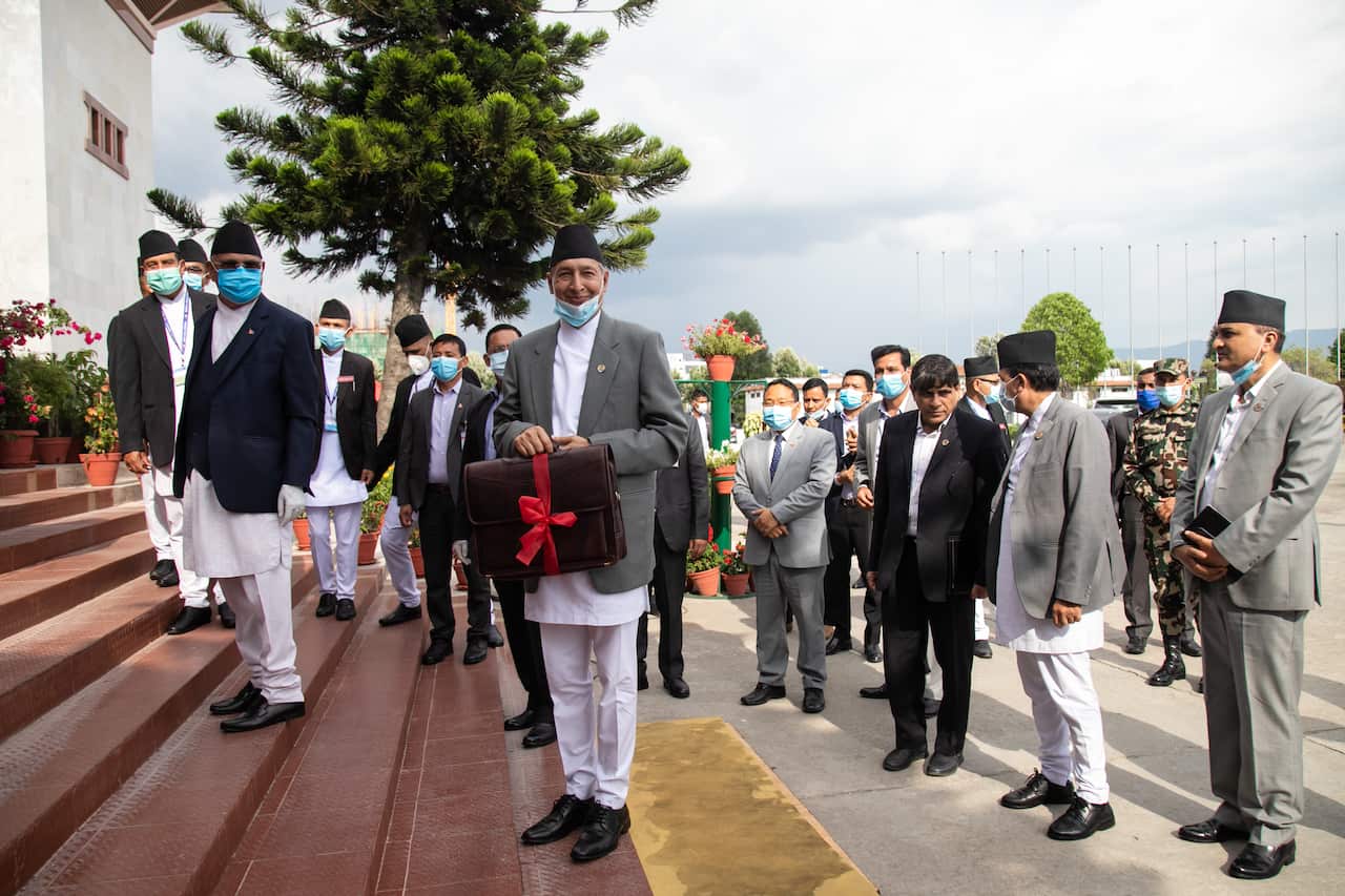Nepal's Finance Minister before presenting the nation's annual budget on 28 May 2020