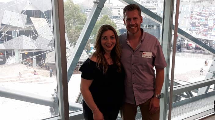 Nicky Kakouros-Galdier with her husband , Greg at the SBS offices in Melbourne. 