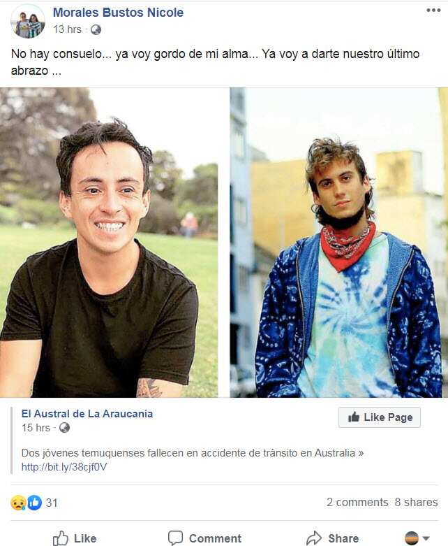 Nicole Morales post on Facebook about her brother´s death in Australia