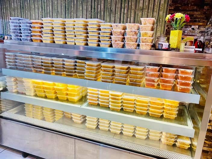 Piles of takeaway food ready for the customers.