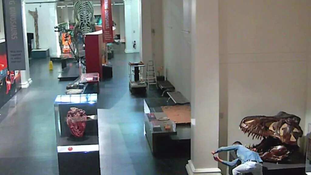 The man getting a selfie with a dinosaur, putting his head in its mouth.