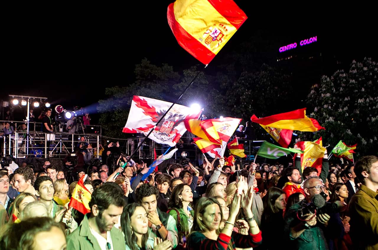 Spanish far-right VOX supporters during the election night rally in Madrid after Spain held general elections on April 28
