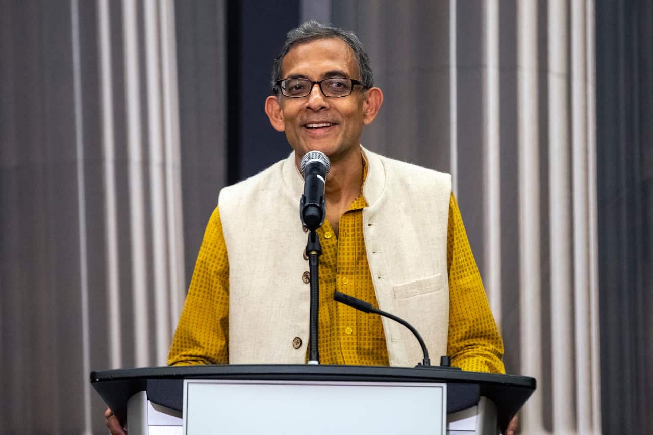 Abhijit Banerjee speaks during a news conference at Massachusetts Institute of Technology in Cambridge, Mass., Monday, Oct. 14, 2019.