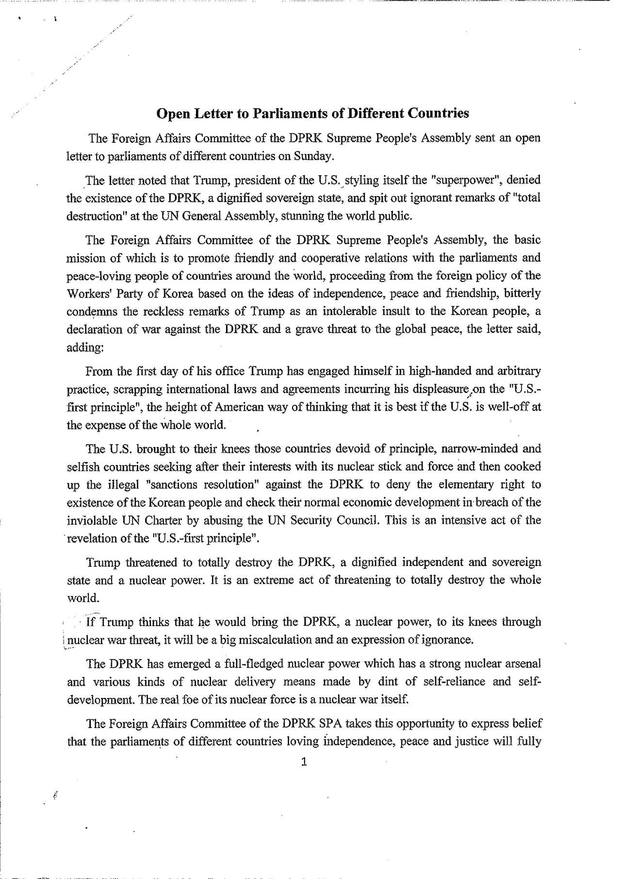 North Korea writes open letter to Parliament