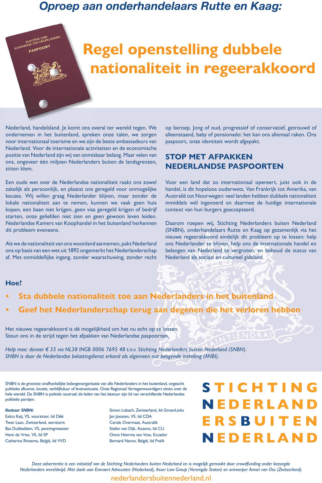 De advertentie van Stichting Nederlanders Buiten Nederland zoals verschenen in NRC op zaterdag 14 augustus 2021.