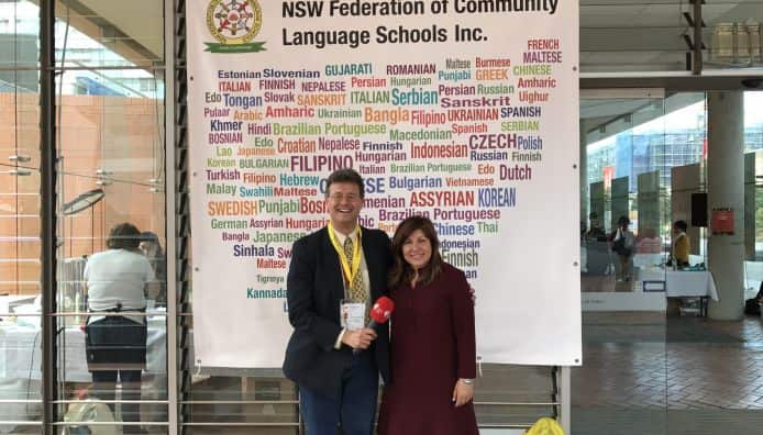 The NSW Shadow Minister for Multiculturalism, Womens' Affairs and Disability, the Honourable Ms Sophie Cotsis with Dimitrios Kametopoulos, broadcaster on the Greek Program of SBS Radio