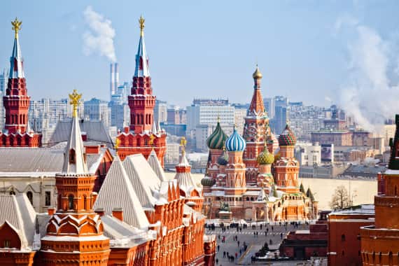 Historical Museum, St.Basil Cathedral, Red Square, Kremlin in Moscow. View from top of the Ritz-Carlton hotel.