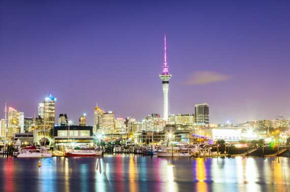 Auckland city and harbour at dawn, New Zealand