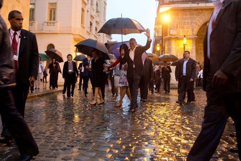  The president and Michelle Obama in Old Havana on Sunday.