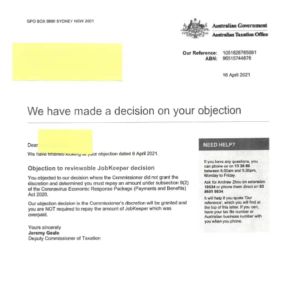 Letter with a decision on an objection.