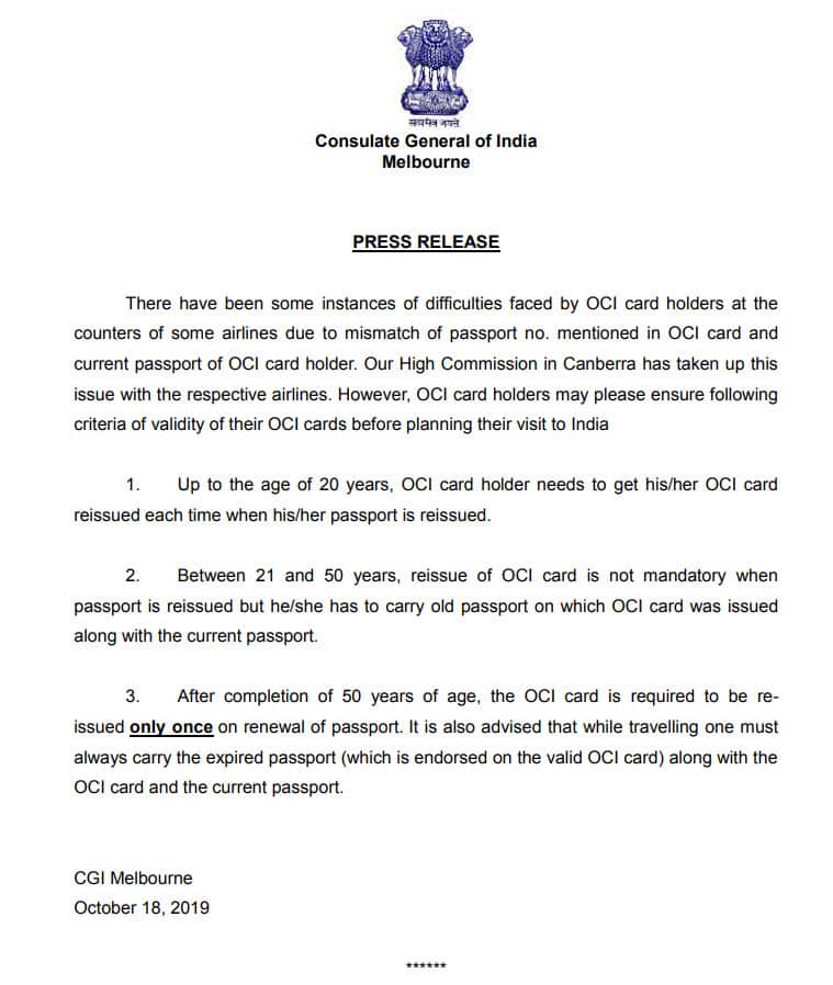 OCI Cards - press release by Consulate General of India, Melbourne