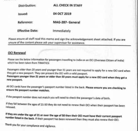 Internal memo sent to airline check in staff at Melbourne Airport