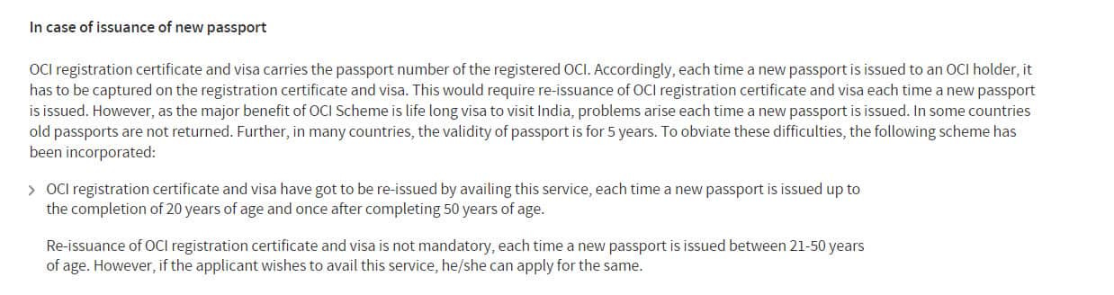 Information from official website for OCI holders