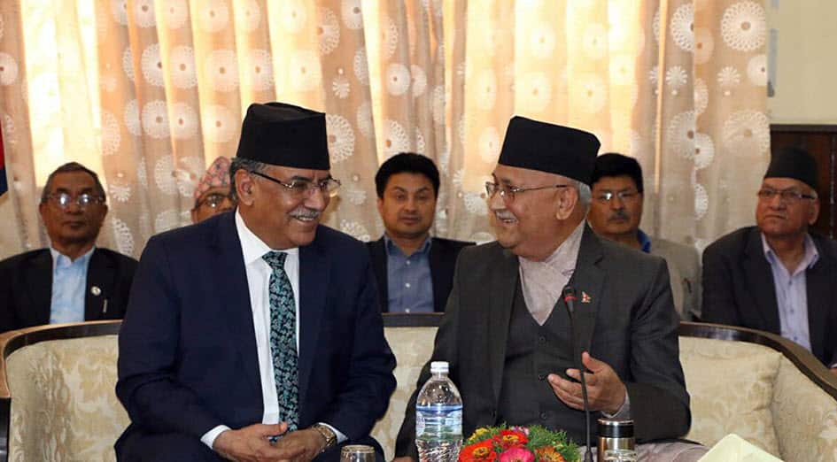 Nepal Communist Party President KP Sharma Oli (right) and Pushpa Kamal Dahal (left) after the announcement of their party unity in May 2018.