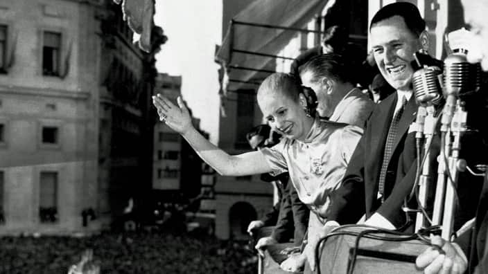 FILE--Argentinian President Juan Peron, and his wife Eva, wave from the balcony of Casa Rosada Government House, in Buenos Aires Oct. 17, 1950 as Argentina celebrated Loyalty Day.  (AP Photo/File)