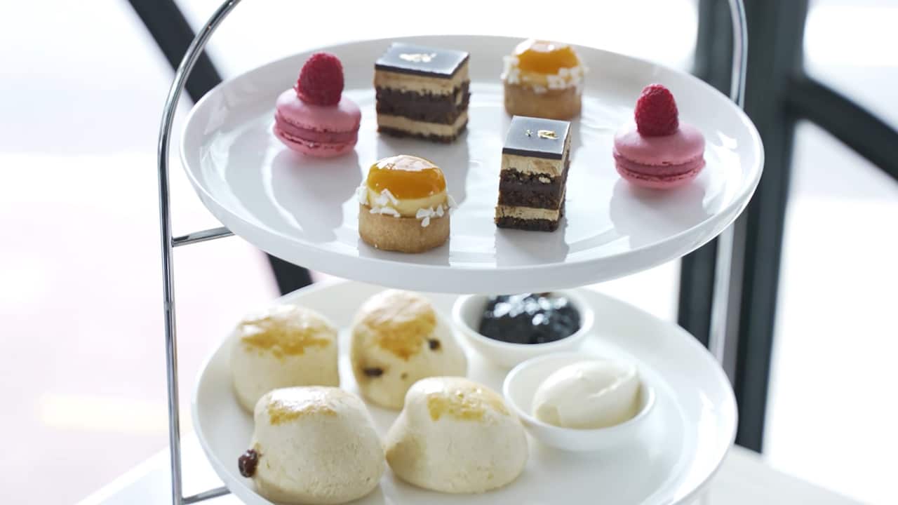 High tea stand with cakes