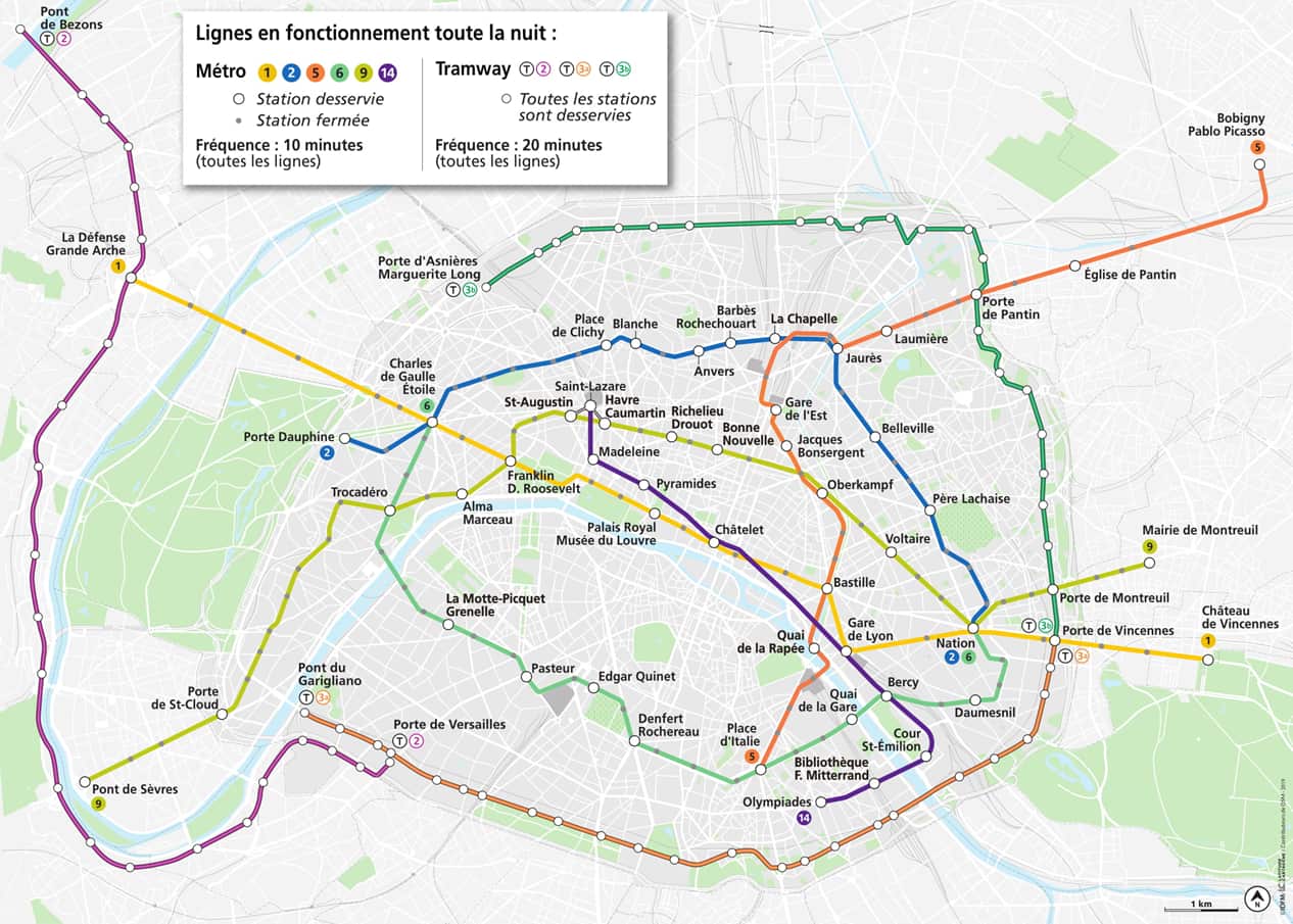 La carte des lignes de métro et de tramway ouvertes toute la nuit à Paris