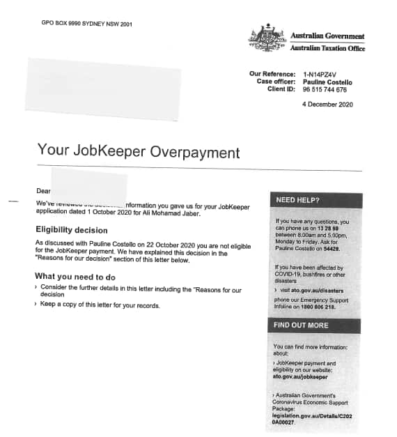 Overpayment letter from ATO