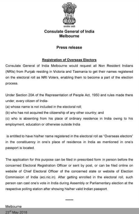 Media release issued by Indian Consul General in Melbourne about registering as overseas elector in Indian elections