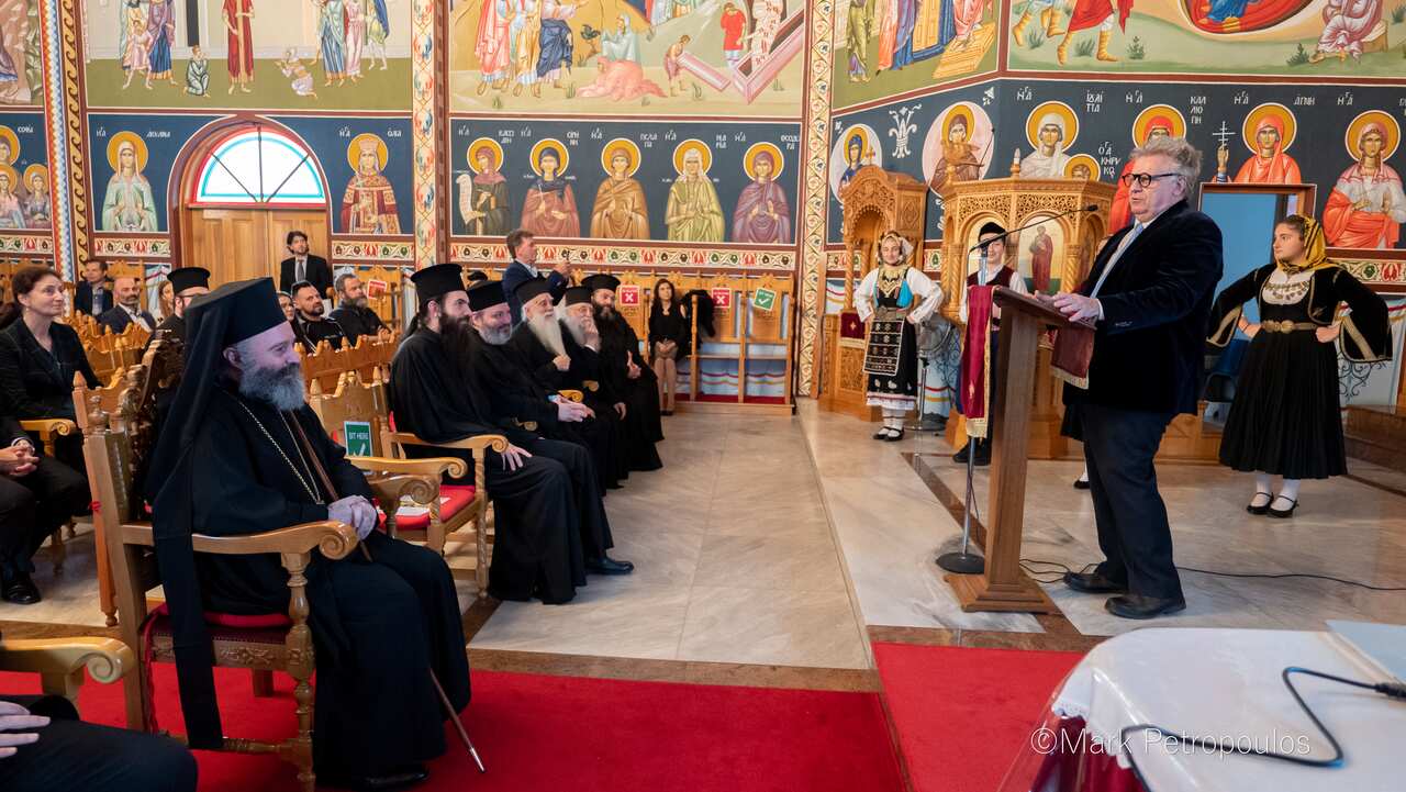 Archbishop Mr. Makarios listening the lecture by Prof. Vrasidas Karalis