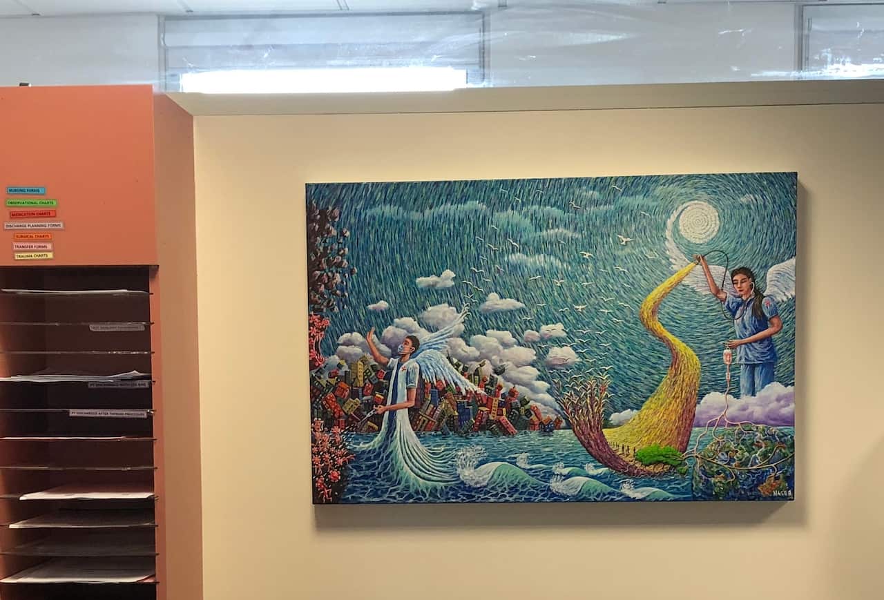 Naser Moradi's painting on the wall of Royal Melbourne Hospital's urology ward.