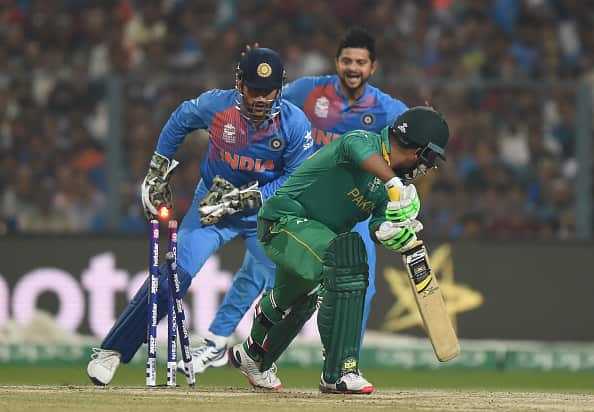 Pakistan's Sharjeel Khan being stumped by M S Dhoni