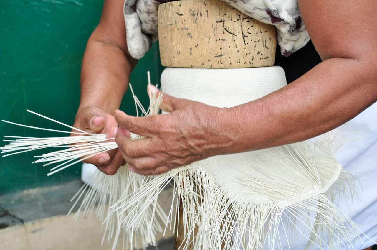 Weaving toquilla straw hat, known as Panama Hat, in Montecristi. Ecuador.